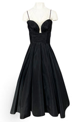 1950s Unlabeled Black Full Circle Skirted Silk Dress w Daisy Applique Bust