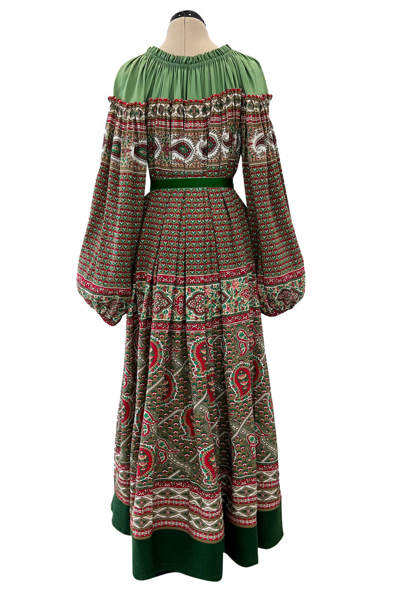 Gorgeous 1970s Lanvin Couture Printed Gathered Silk Caftan Dress w Balloon Sleeves & Felt Hem