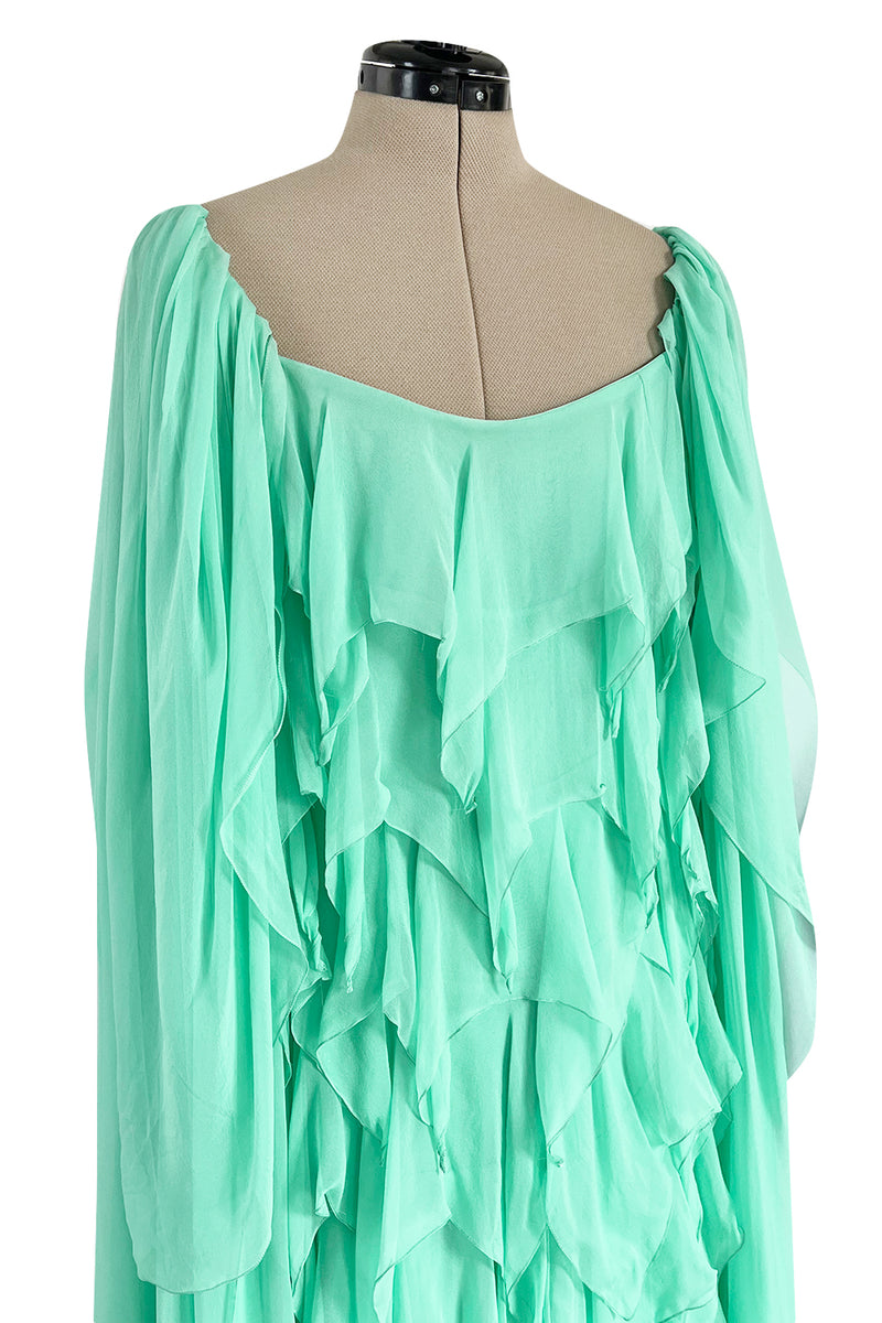 Prettiest 1980s Stavropoulos Soft Mint Green Silk Chiffon Dress w Full Cape Sleeves
