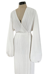 Incredible Spring 1978 Halston Plunged & Pleated White Wrap Silk Chiffon Runway Dress