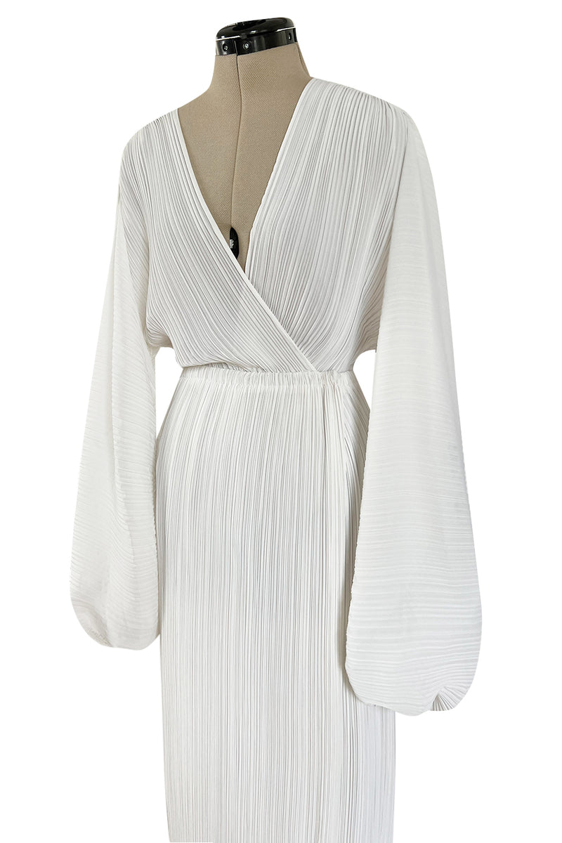 Incredible Spring 1978 Halston Plunged & Pleated White Wrap Silk Chiffon Runway Dress