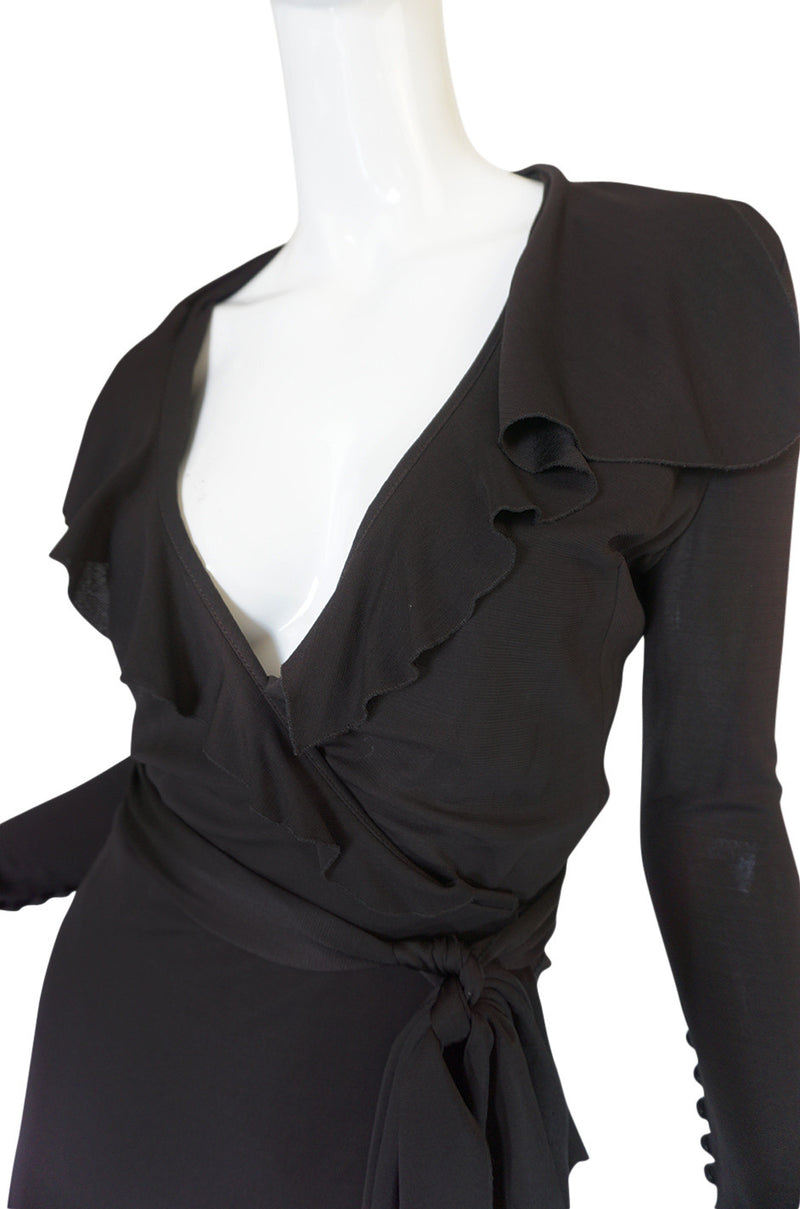 1990s Chocolate Givenchy Wrapped Ruffled Jersey Dress