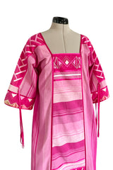 1960s Josefa Hand Made Mexico Pink Caftan Dress w Embroidery & Ribbon Details