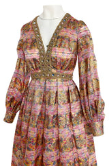 1960s Possible OLDR Metallic Pink & Gold Organza Dress w Gold Braid & Rhinestones