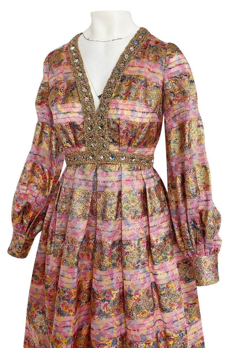 1960s Possible OLDR Metallic Pink & Gold Organza Dress w Gold Braid & Rhinestones