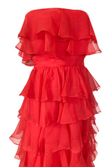 c.1977 Valentino Strapless Silk Chiffon Red Ruffle Full Length Dress