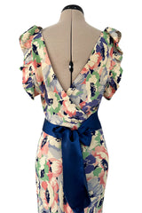 Romantic 1930s Floral Print Bias Cut Silk Dress w Ruffle & Blue Ribbon Detailing