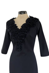 Fabulous Little Late 1950s Unlabeled Black Wool Jersey Ruffled Hem & Collar Dress