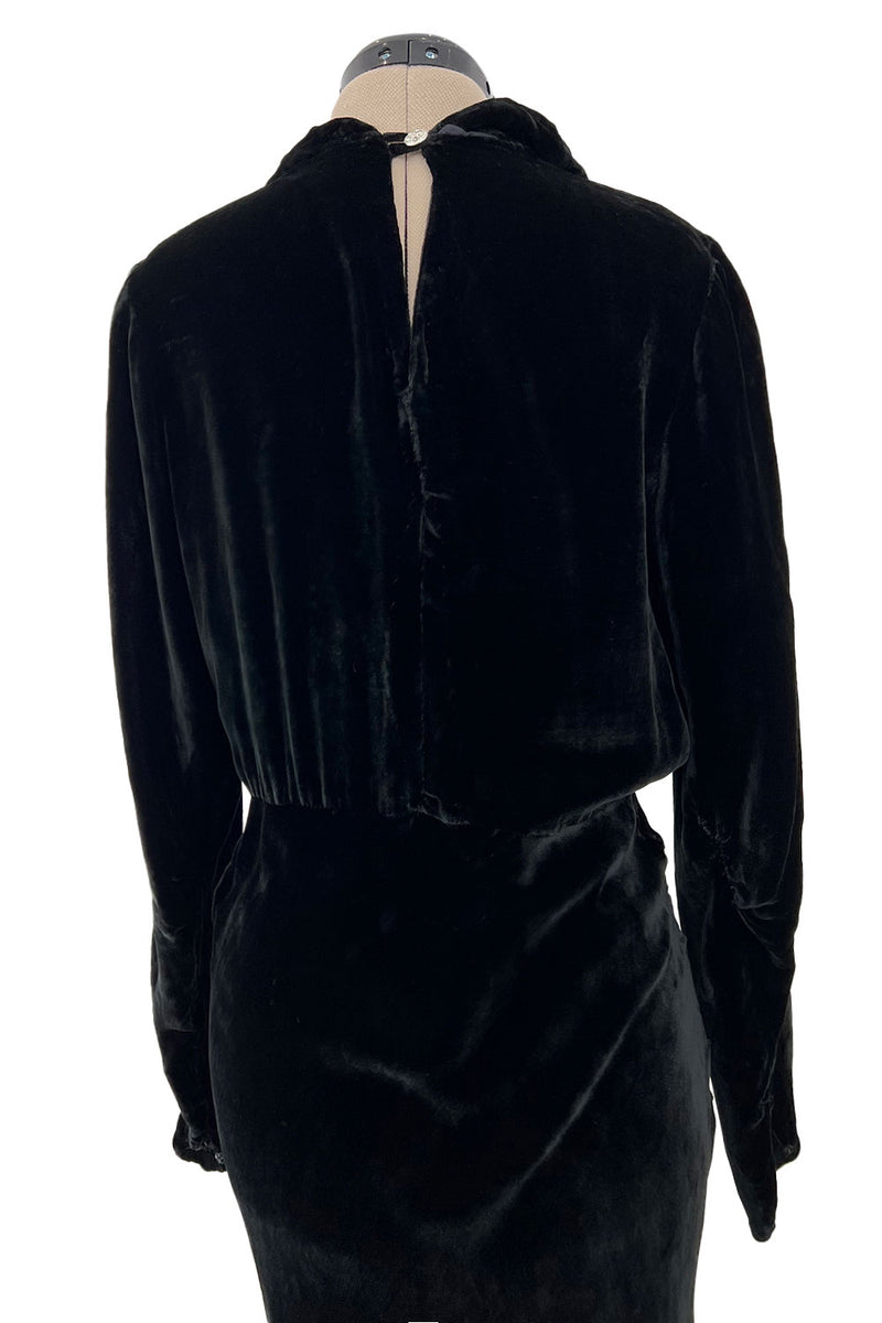 Gorgeous 1930s Bias Cut Black Silk Velvet Dress w Incredible 3D Star Buttons