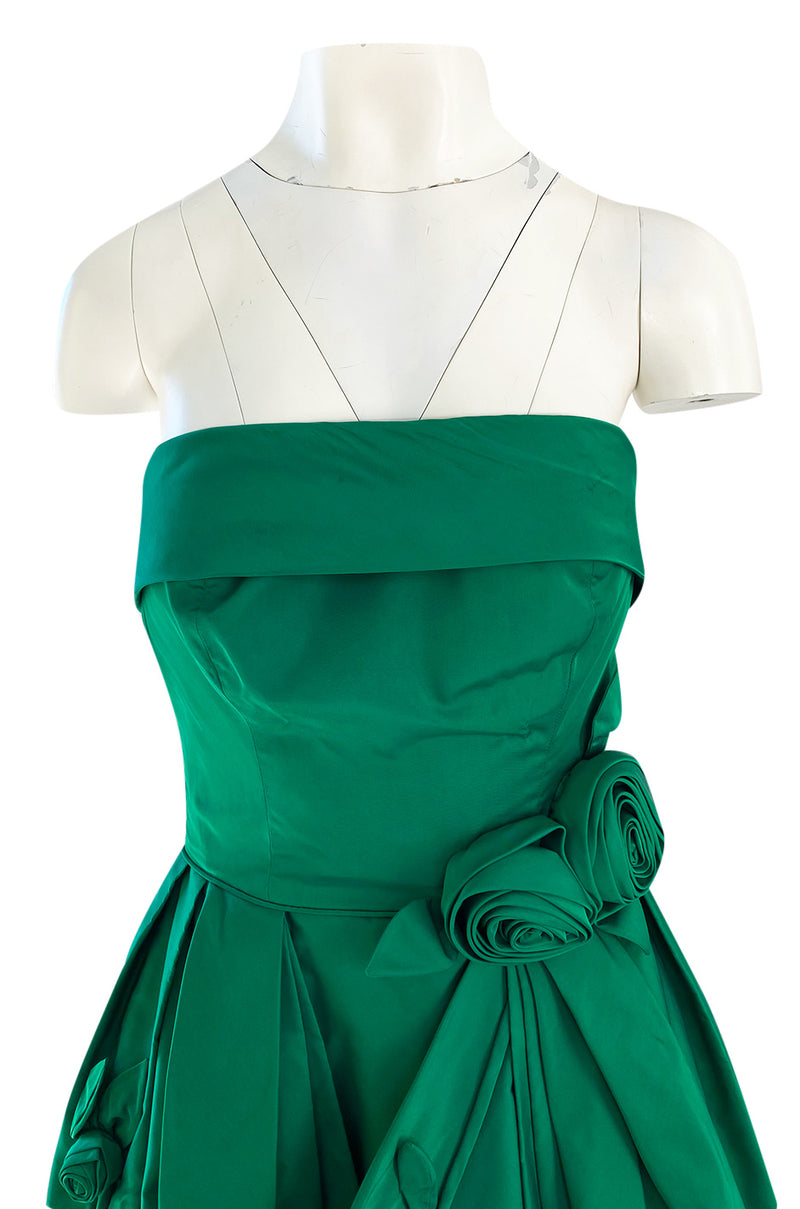 1950s Suzy Perette Emerald Green Strapless Full Skirted Dress w 3D Flower Detailing