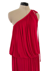 Spring 1982 Yves Saint Laurent Runway & Ad Campaign Red Jersey One Shoulder Dress