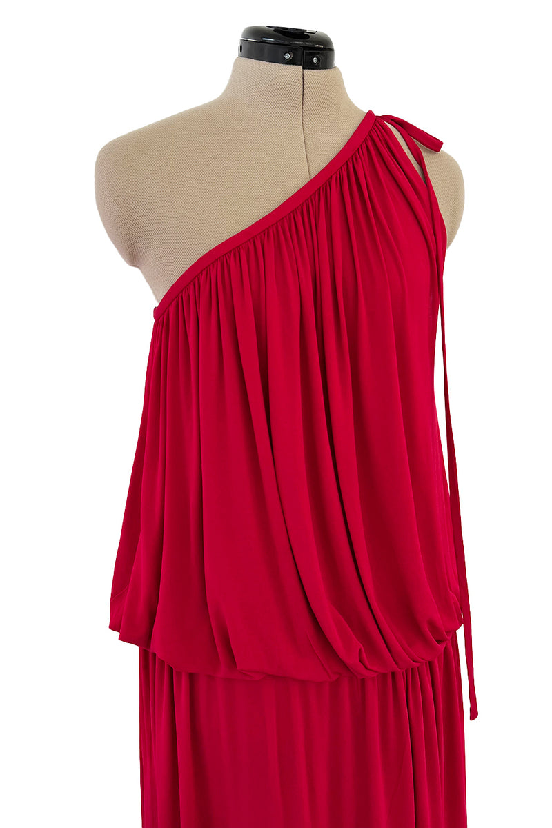 Spring 1982 Yves Saint Laurent Runway & Ad Campaign Red Jersey One Shoulder Dress