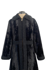 Fabulous 1960s Zip Front Flat Pile Faux Fur Black Coat w Wide Braided Edging Details
