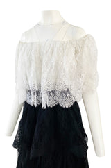 Prettiest 1970s Alfred Bosand Black & White Lace Tiered Off Shoulder Full Length Dress