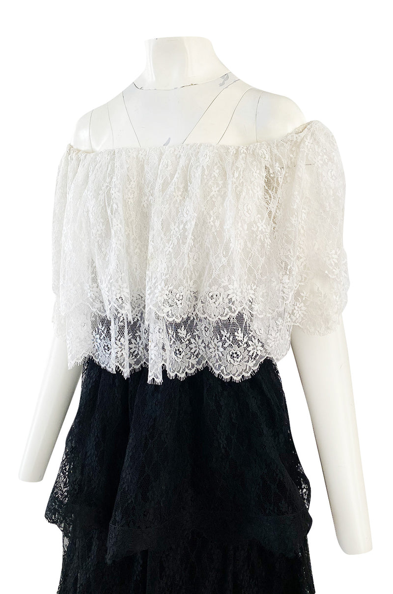 Prettiest 1970s Alfred Bosand Black & White Lace Tiered Off Shoulder Full Length Dress