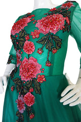Vintage Trained Emerald Green Lace Tulle Gown w Floral Applique