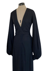 Iconic 1972 Ossie Clark Couture Black Moss Crepe Open Back Wrapped Dress w Bishop Sleeves