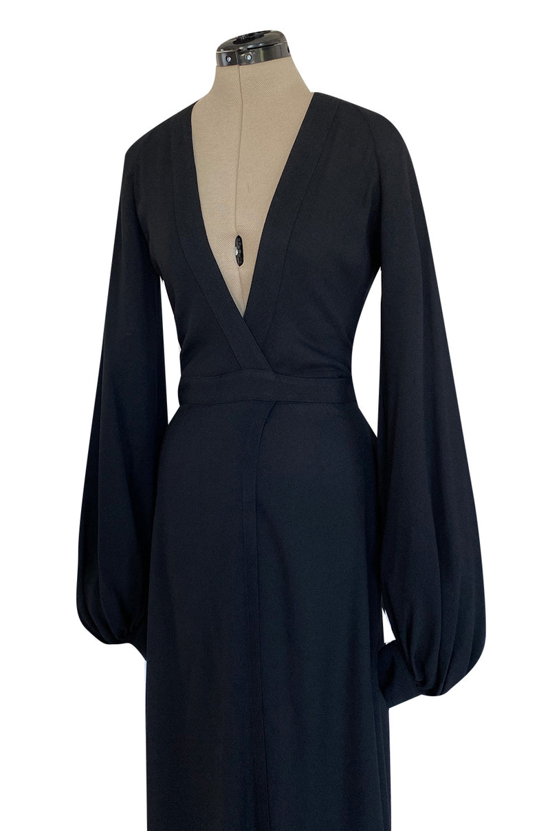 Iconic 1972 Ossie Clark Couture Black Moss Crepe Open Back Wrapped Dress w Bishop Sleeves