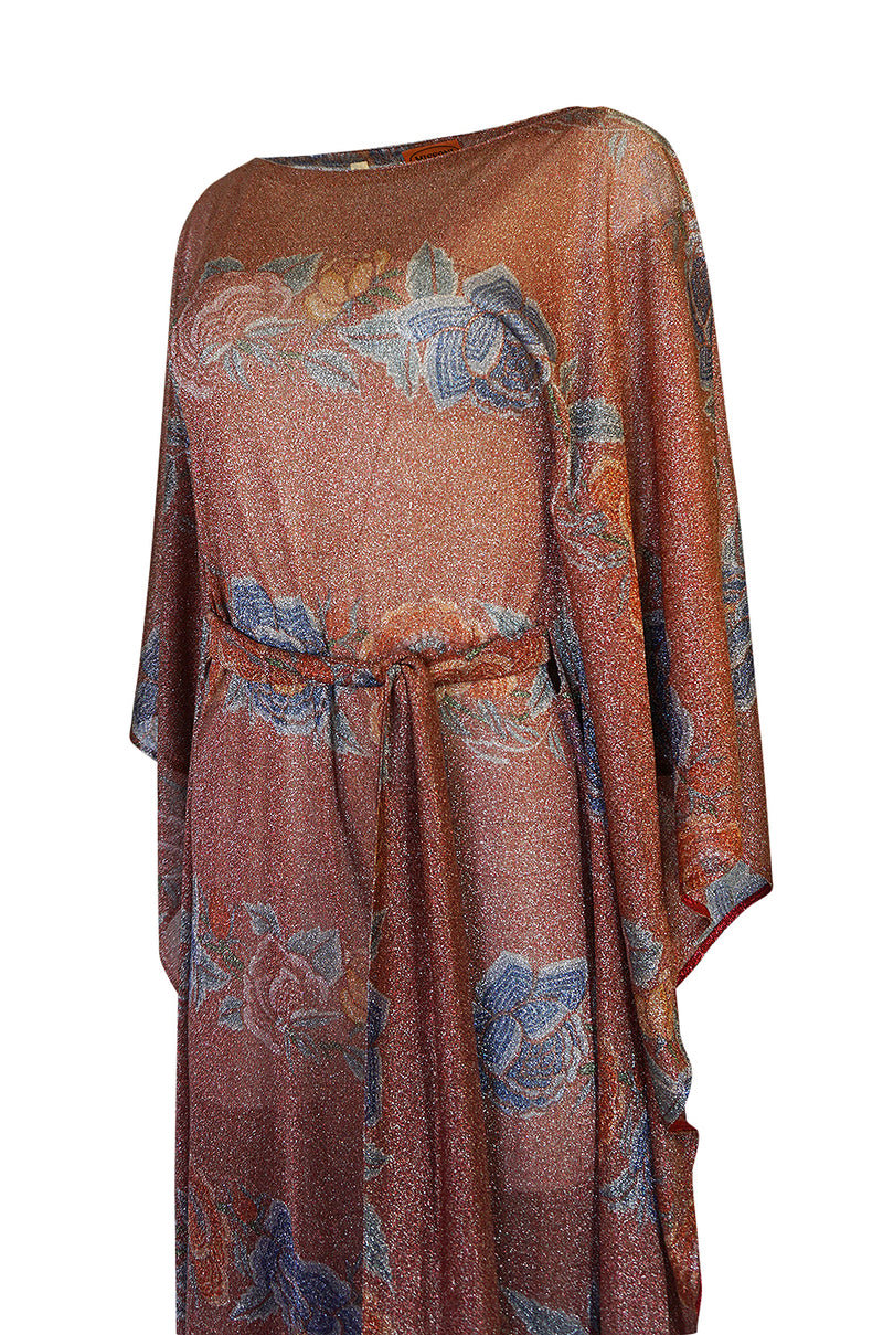 Iconic c.1972-73 Missoni Floral Print Metallic Lurex Caftan Dress