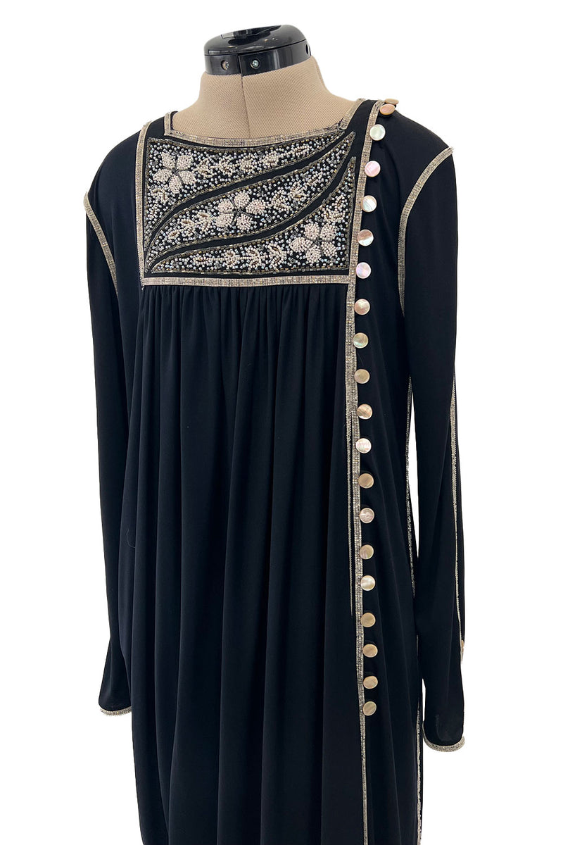 Museum Held 1970s Bill Gibb Black Liquid Jersey Dress w MOP Buttons & Extensive Beading