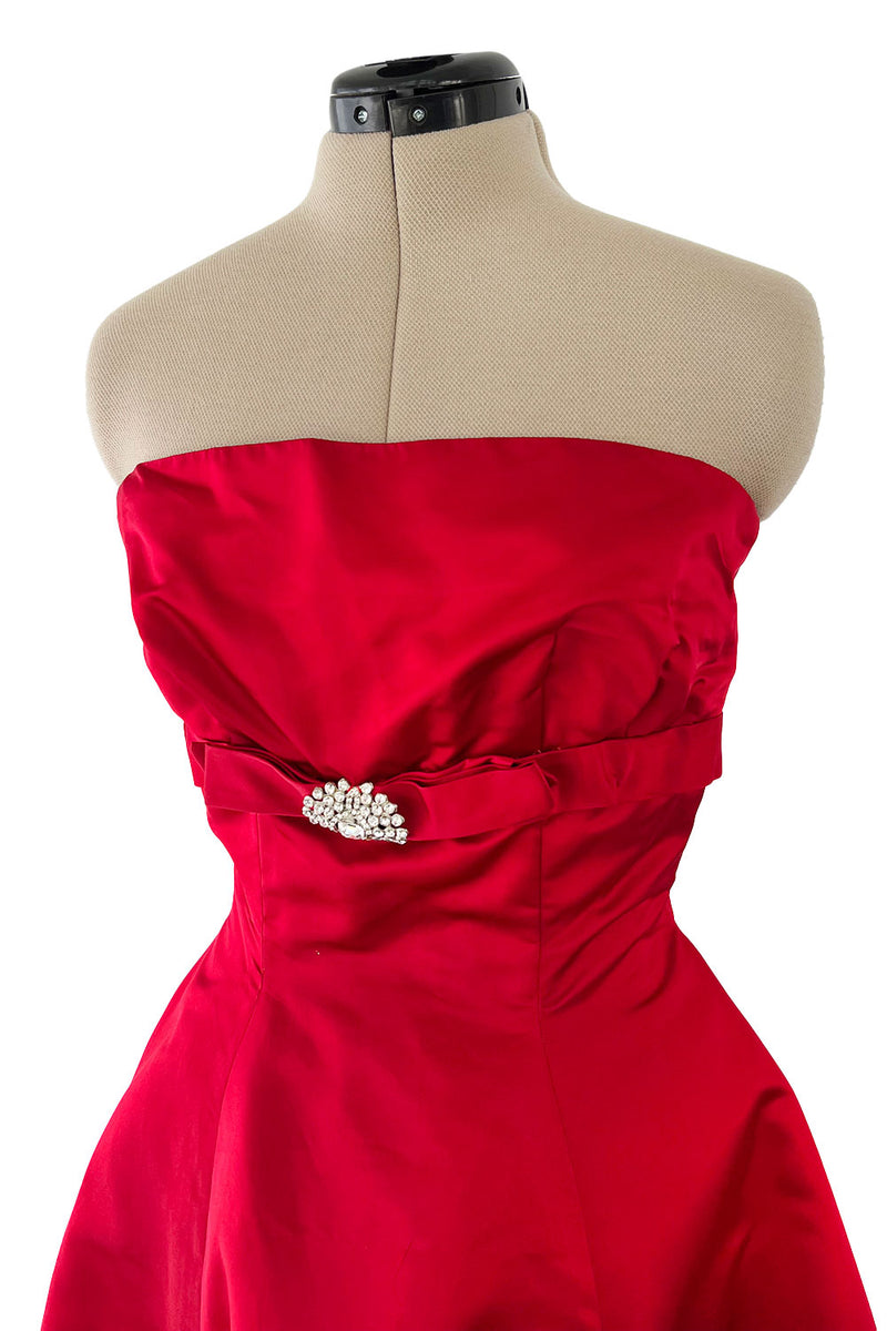 Late 1940s, Early 1950s Strapless Red Silk Satin Full Skirt Dress w  Rhinestone Detailing