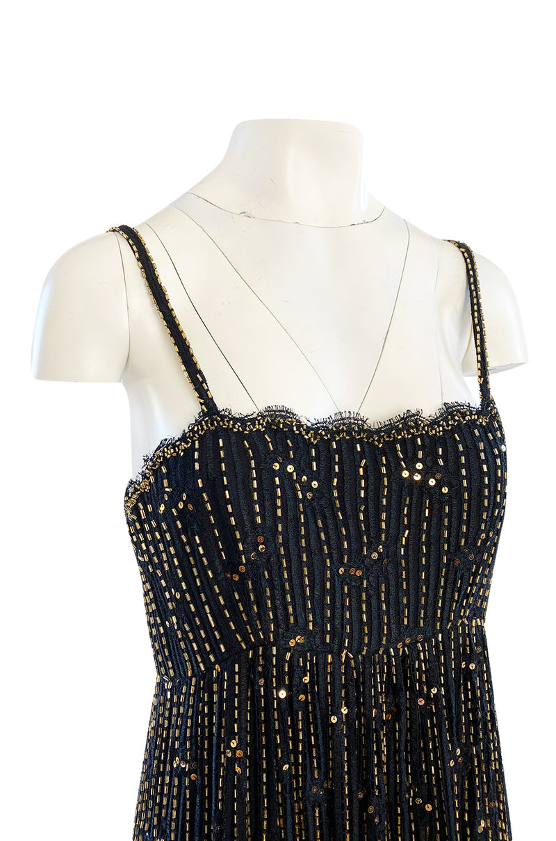 1970s Alfred Bosand Densely Beaded Sequinned & Embroidered Gold & Floral Dress