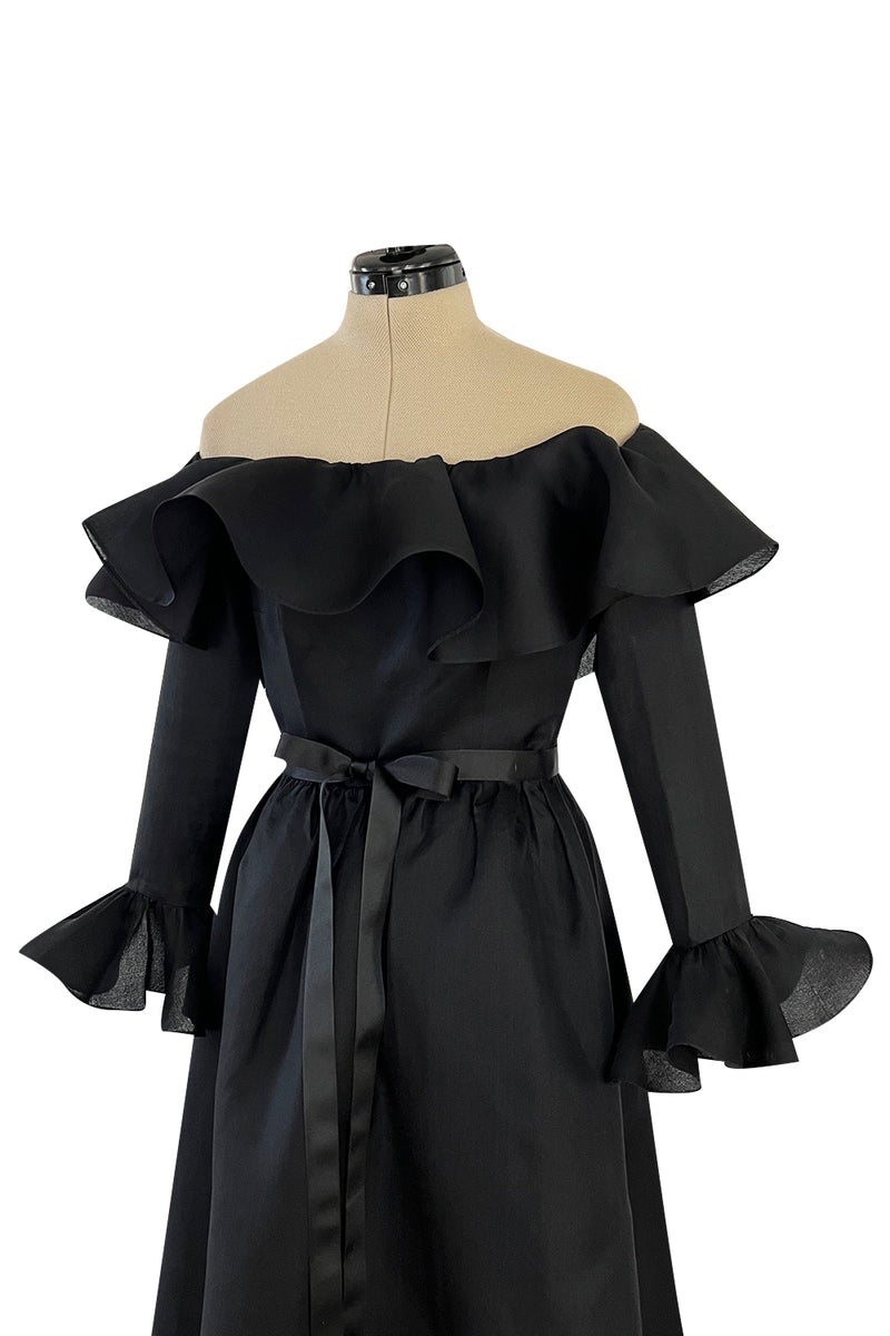 Gorgeous 1972 Nina Ricci Black Silk Gazaar Off Shoulder Dress W Ruffled Finishes