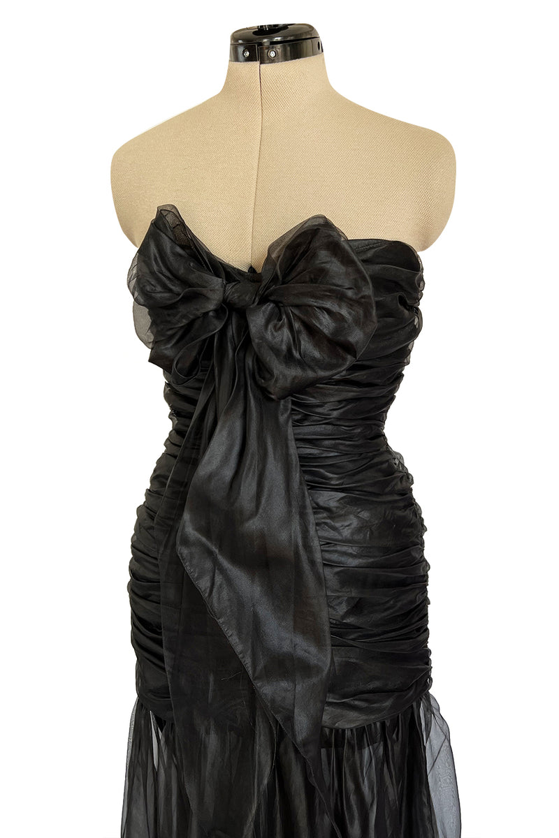Fabulous 1980s Chloe Black Silk Organza Strapless Dress W Large Bow Detailing