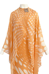 1980s Hanae Mori Pastel Tangerine & Ivory Printed Silk Chiffon Dress w Matching Chiffon Capelet