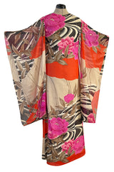 1960s Hanae Mori Couture Long Open Kimono Sleeve Pink Floral Print Cotton Caftan Dress
