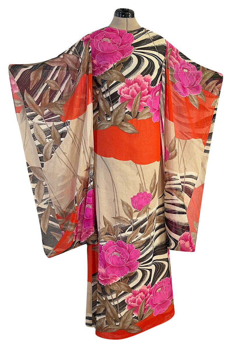 1960s Hanae Mori Couture Long Open Kimono Sleeve Pink Floral Print Cotton Caftan Dress
