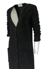 1970s Bill Blass Black Knit Wool Jersey & Silk Sequin Covered Cardigan Dress