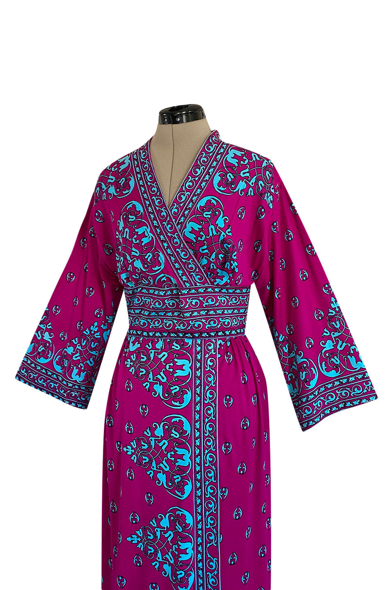 1970s Maurice Bright Fuchsia Pink & Brilliant Turquoise Print Jersey Dress