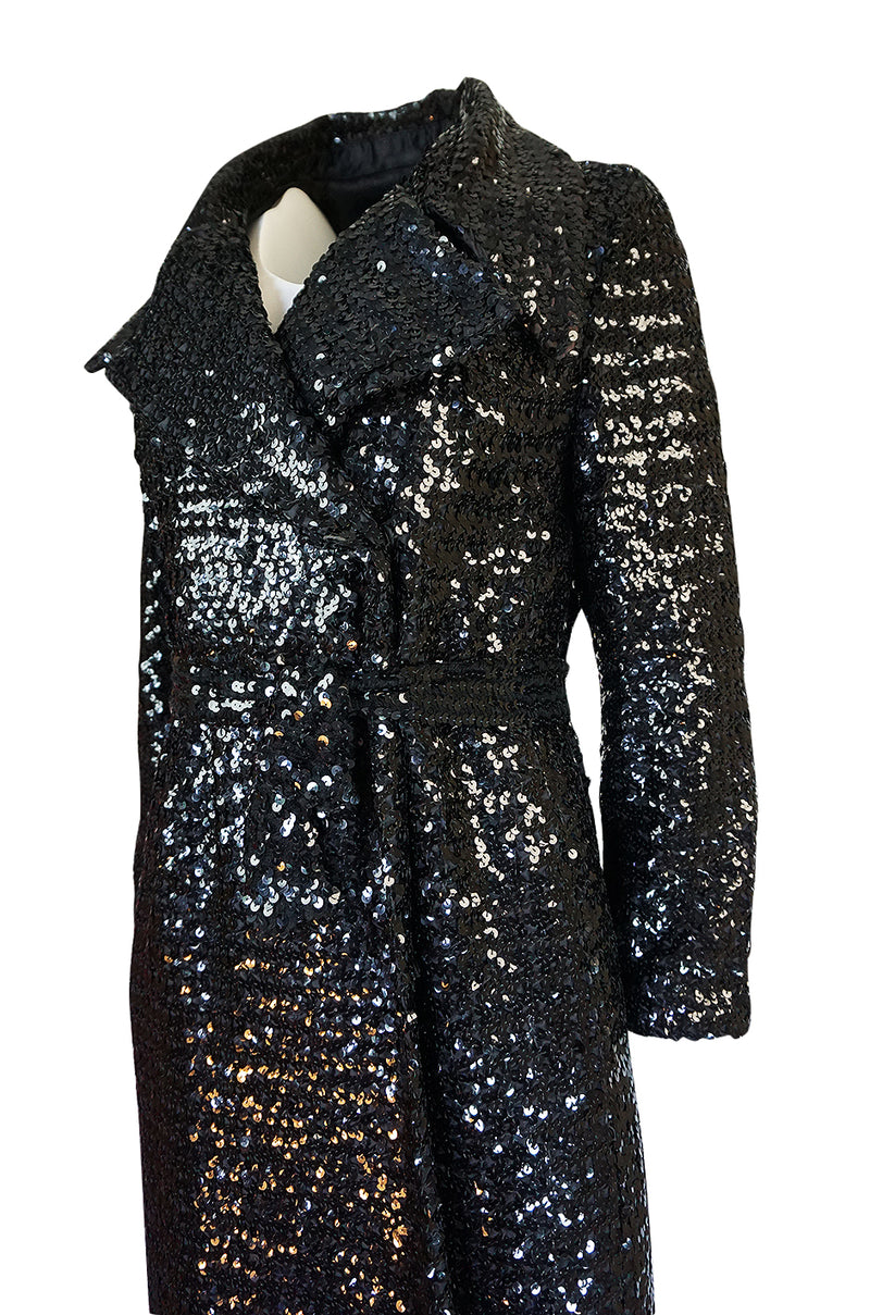 1970s Unlabeled Black Sequin Full Length Trench Style Maxi Coat