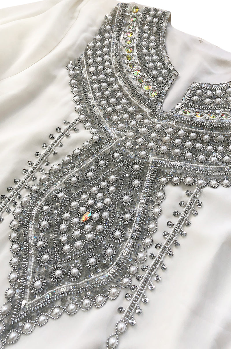 1970s Elaborate Silver, Pearl & Bead Covered Jeweled White Chiffon Caftan Dress