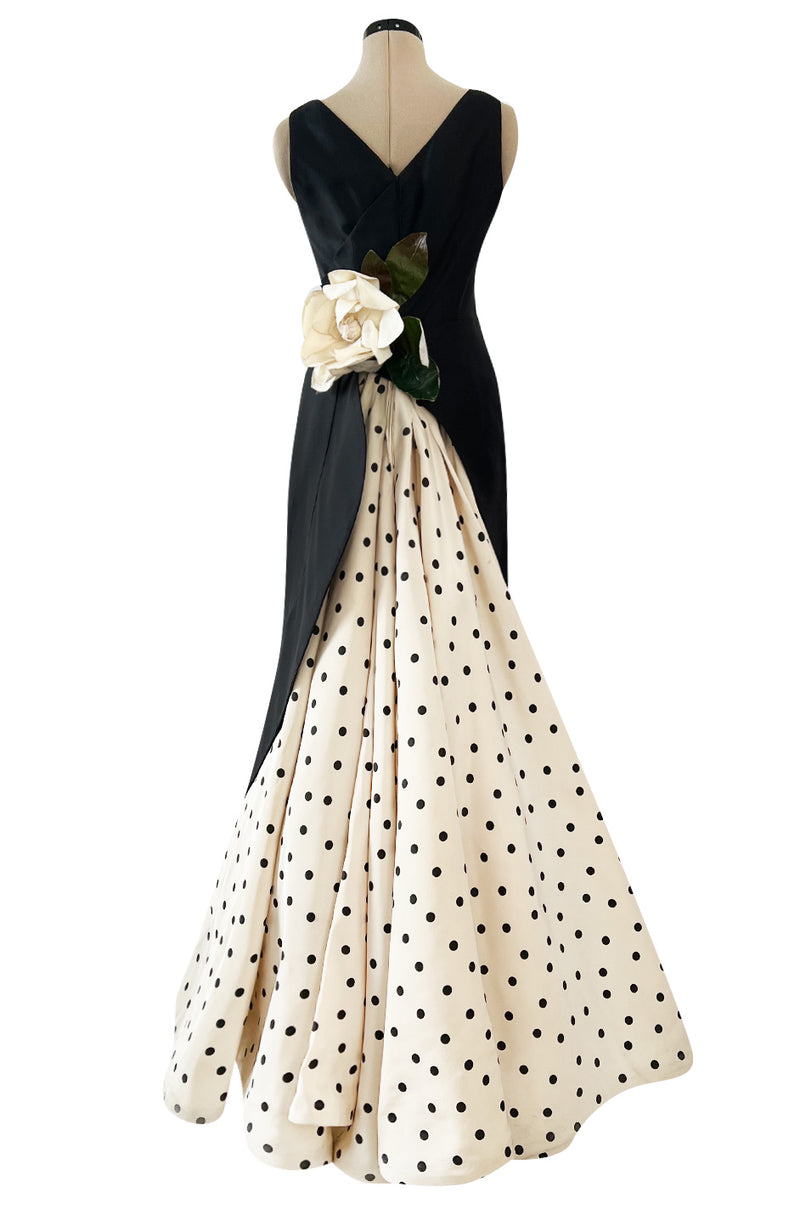 Well Documented Spring 1988 Valentino Haute Couture Silk Dress w Sweeping Dotted Train & Flower