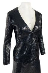 1973 Halston Couture Glossy Black Hand Applied Sequin Skirt & Jacket Evening Suit