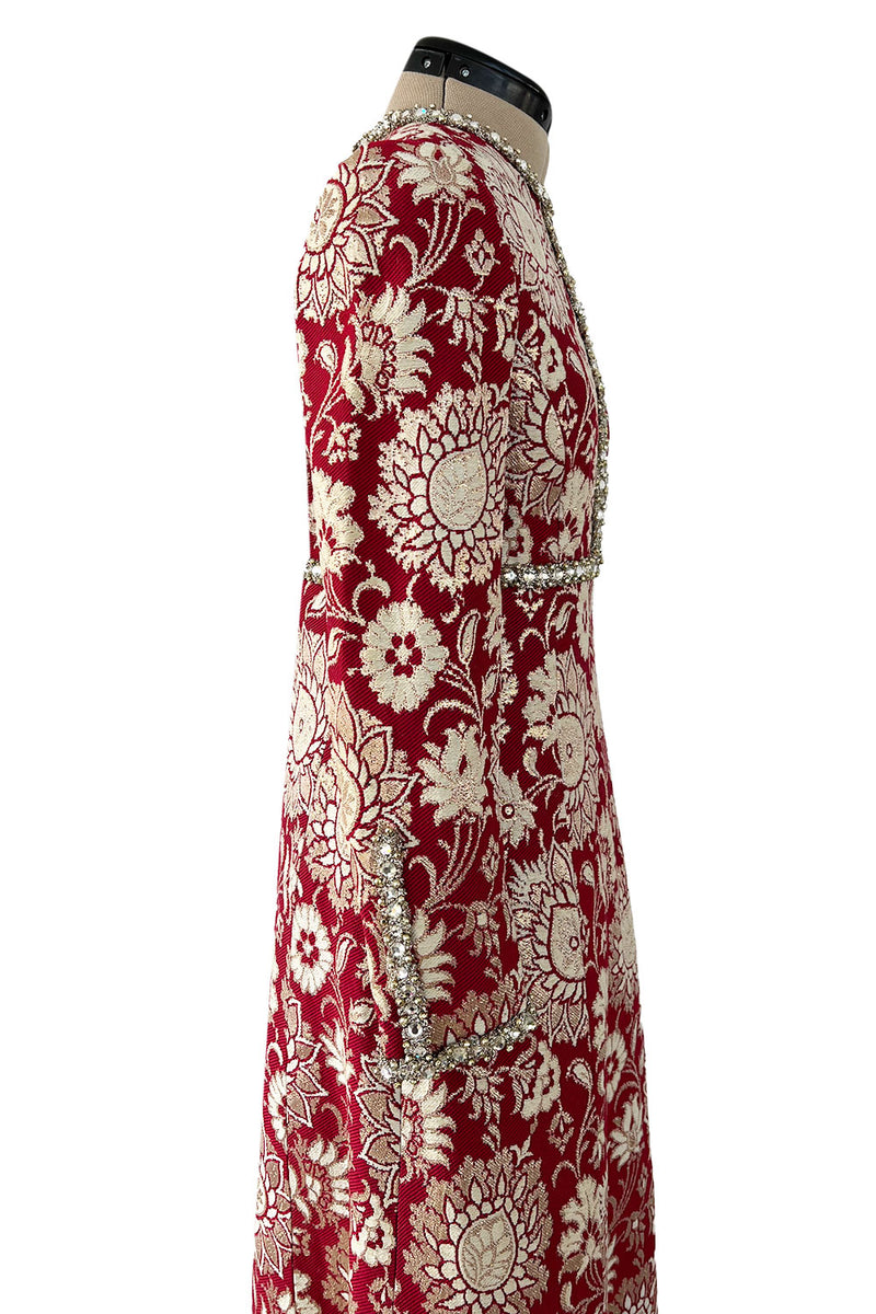 Stunning 1970s Adele Simpson Red & Gold Brocade Dress w Rhinestone Detailing