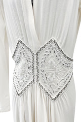 Gorgeous 1930s Off White Moss Crepe Dress w Hand Beaded 'Belt' Detailing