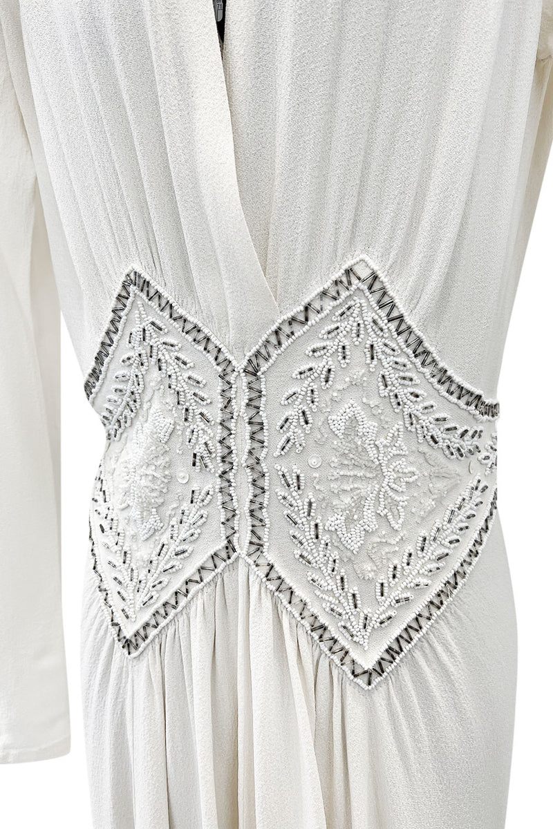 Gorgeous 1930s Off White Moss Crepe Dress w Hand Beaded 'Belt' Detailing