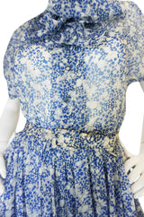 1940s Blue & White Chiffon Joker Print Novelty Dress