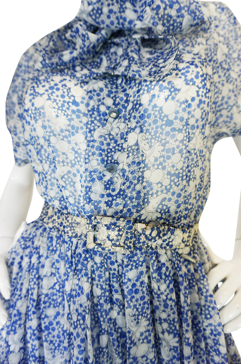 1940s Blue & White Chiffon Joker Print Novelty Dress