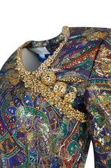 Fall 1990 Oscar de la Renta Printed Metallic Silk Dress w Brass Bell Edging