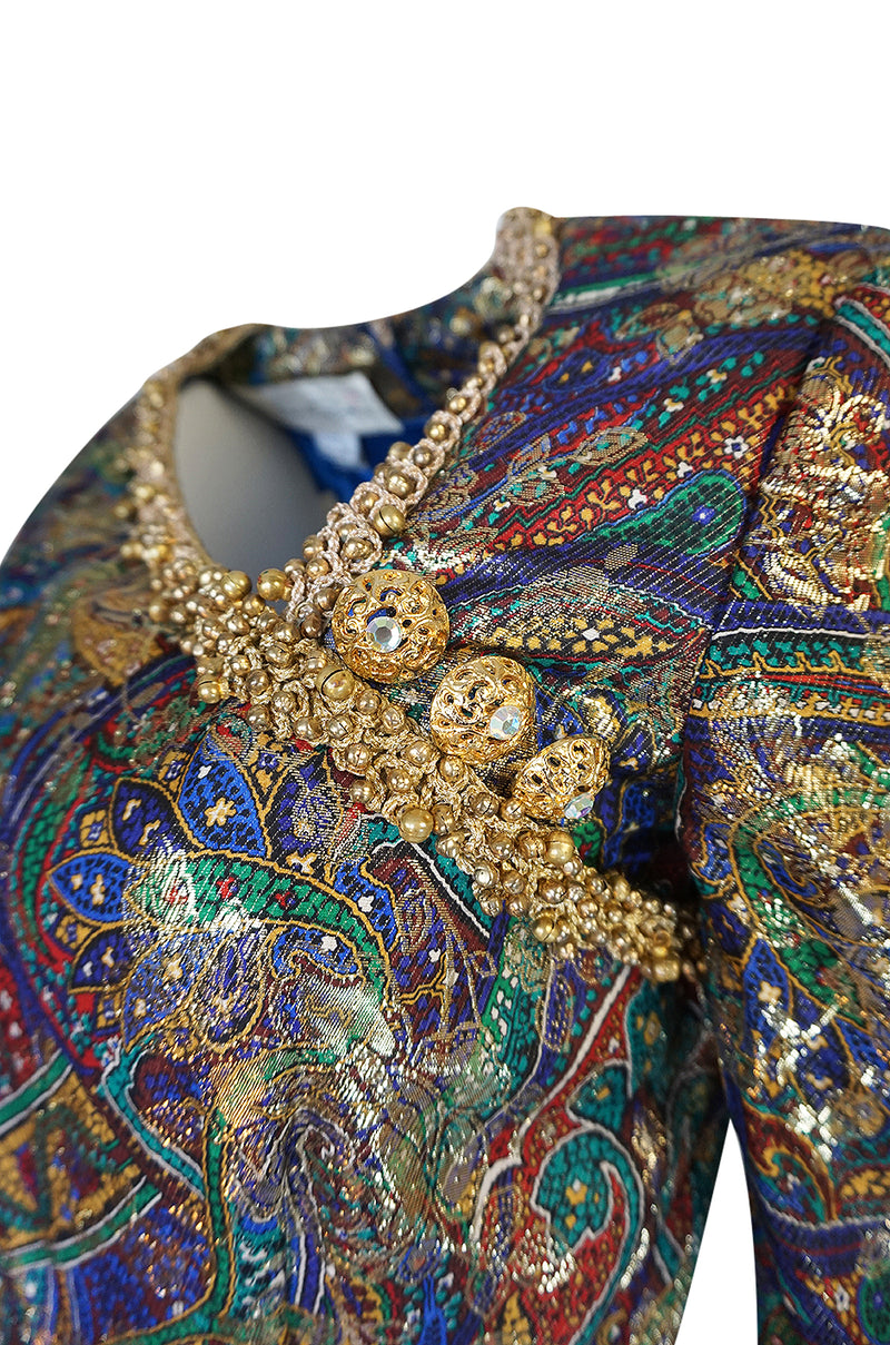 Fall 1990 Oscar de la Renta Printed Metallic Silk Dress w Brass Bell Edging