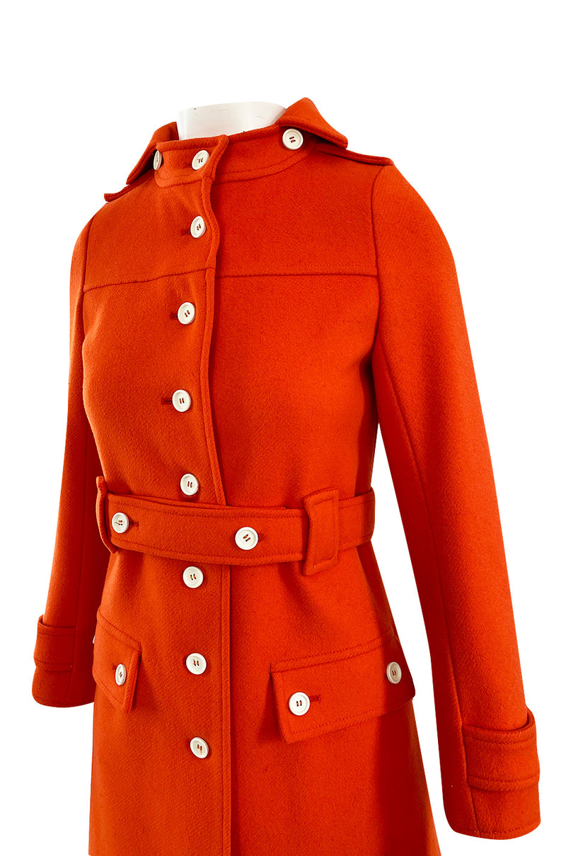 1971 Courreges Numbered Hyperbole Bright Orange Wool Coat w Quilted Interior