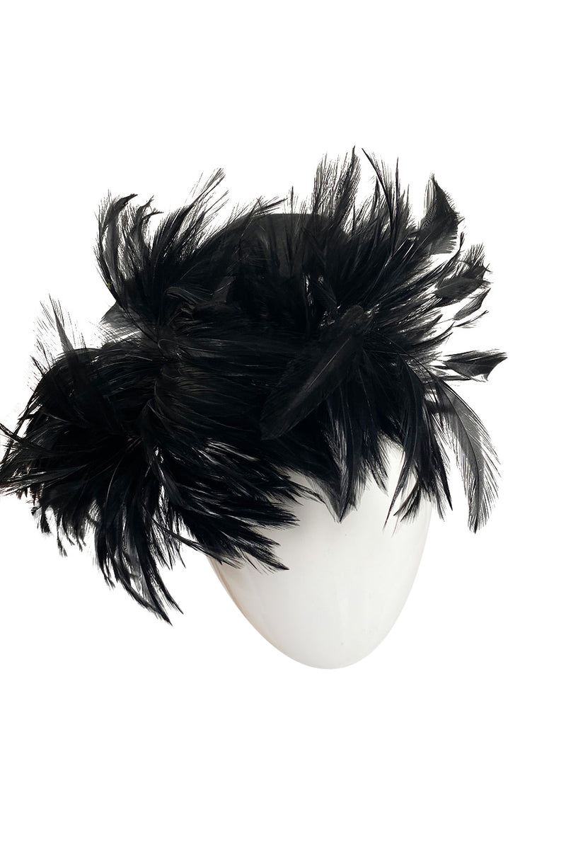 Documented Fall 1996 Chanel Black Felt Half Cap w High Feather Detailing