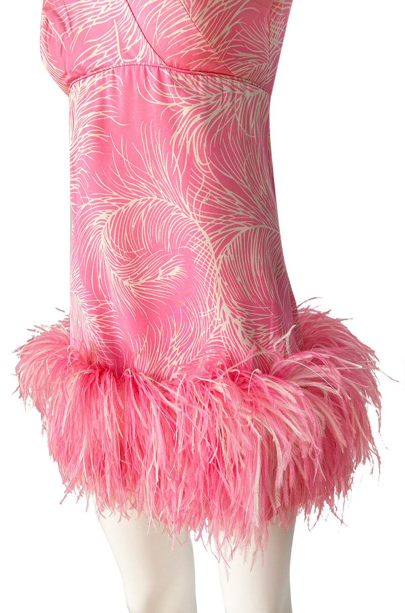 1960s Jerry Silverman Pink Print Mini Dress w Pink Feather Hem Detailing