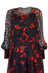 c.1976-77 Chanel True Haute Couture Red & Black Floral Print Silk Dress