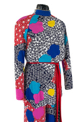Fantastic 1970s Hanae Mori Bright Floral Print Jersey Pant & Top Set w Signed Belt