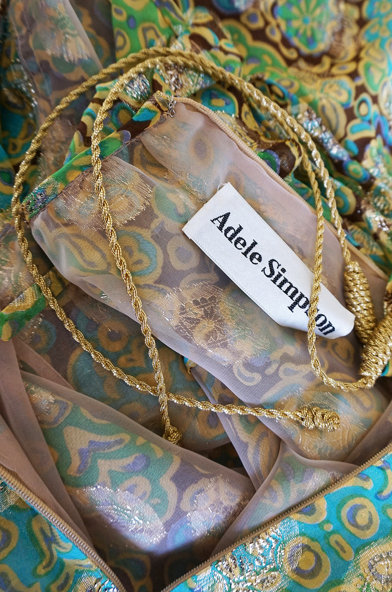 1970s Green & Gold Metallic Silk Adele Simpson Dress